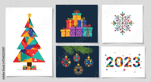 Geometric Christmas and New Year Collection Tree, Gifts, Snowflake & Ornaments