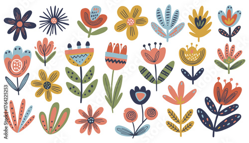 Whimsical floral pattern on white background featuring various stylized flowers and leaves, perfect for textile design or a cheerful spring themed backdrop with playful floral