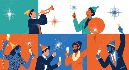 Festive Holiday Celebration Sparklers, Champagne, and Party Hats