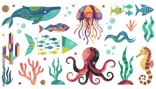 Colorful sea creatures graphic design elements featuring whale jellyfish seahorse octopus and fish marine life concept with coral and abstract seaweed isolated on white
