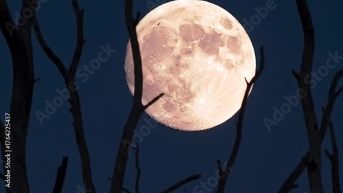 Stunning full moon rising through bare tree branches creating a magical nocturnal atmosphere, perfect for adding wonder to any project
