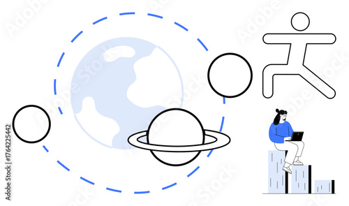Earth, orbiting planets, Saturn-thumbs up ring, human figure, laptop user. Ideal for technology, creativity, exploration education futurism growth global ideas. Minimalist design as a simple flat