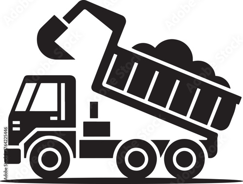 Dump truck lifting soil cargo with excavator arm construction vehicle illustration art royalty free premium quality