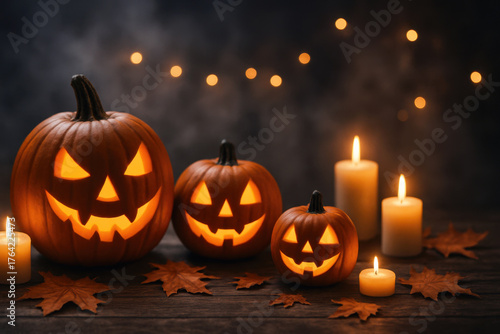 Carved pumpkins with glowing faces and candles create cozy Halloween ambiance on wooden table with autumn leaves