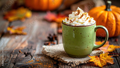 Cozy ceramic mug of pumpkin matcha latte topped with whipped cream and cinnamon on rustic table