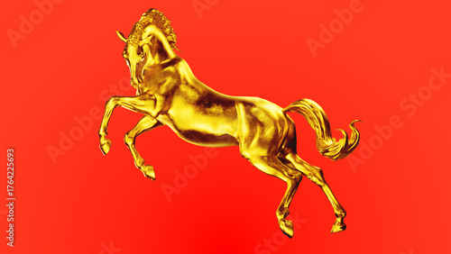 Photos Galloping golden horse on red background