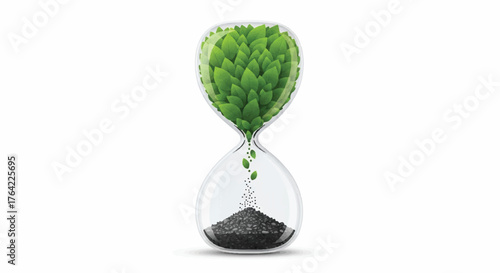 Hourglass filled with lush green leaves symbolizing the preciousness and scarcity of time for environmental growth and conservation