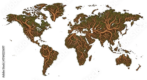 Interconnected World Map Roots of Nature Connecting Continents