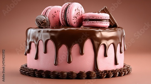 Chocolate cake with pink frosting and decorated macaroons
