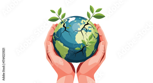 Hands gently cradling a cracked earth with vibrant green sprouts, symbolizing environmental protection, sustainability, and the hopeful promise of a revitalized future for our planet