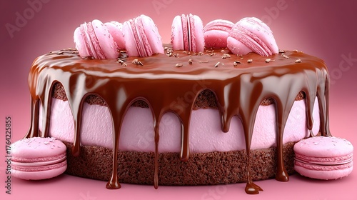 Chocolate cake with pink frosting and macarons sweet dessert