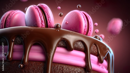 Chocolate cake with pink macarons and flowing chocolate topping