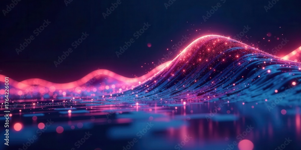 Fototapeta premium Vibrant neon illuminated digital waves and particles flowing and swirling across a dark reflective surface creating an abstract artistic representation of data transmission and energy