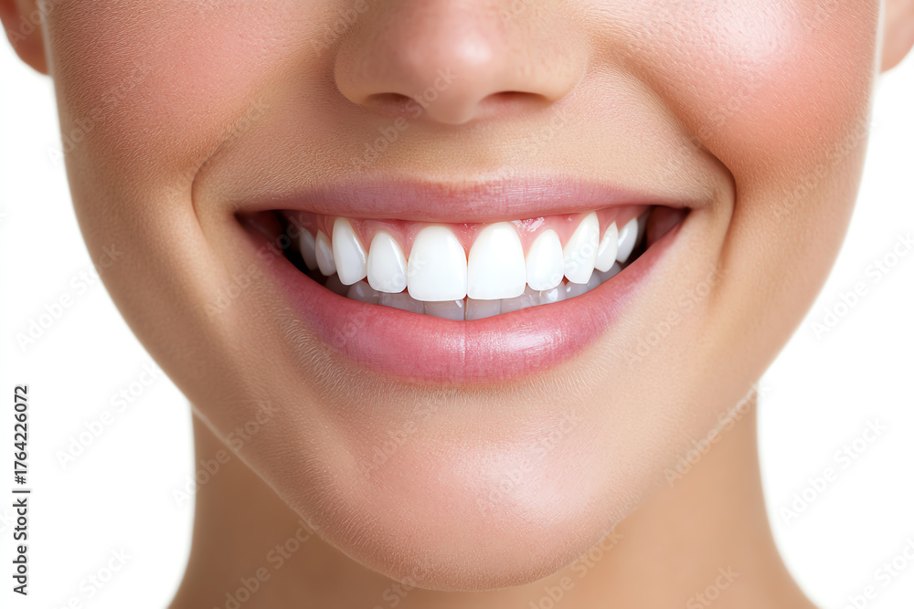 Fototapeta premium A bright smile showcases healthy teeth and confidence, conveying joy and happiness in a close-up portrait of a young woman.