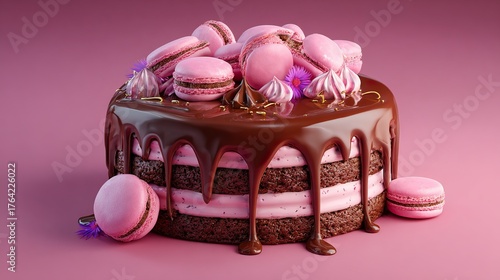 Chocolate cake with pink macaroons and frosting on a pink background