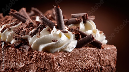 Chocolate cake with whipped cream and chocolate shavings