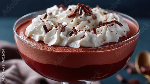 Chocolate dessert in a glass bowl topped with whipped cream and chocolate shavings