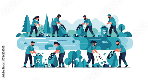 Community Volunteers Cleaning Up Trash in a Natural Environment Illustration