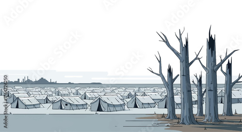 Illustration of a Refugee Camp Near Barren Trees A Place of Displacement