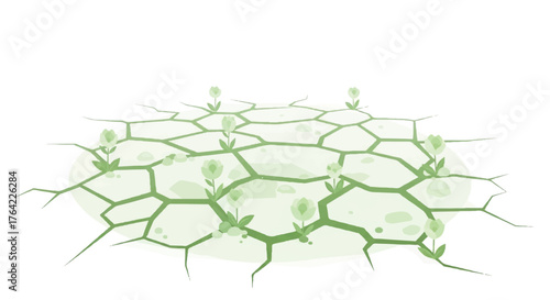 Illustration of a dry, cracked ground with small green plants sprouting