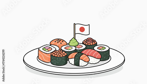 Japanese Sushi Assortment with Flag Vector Illustration on White Plate
