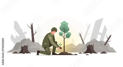 Soldier plants a tree in a war-torn landscape symbolizing hope and renewal