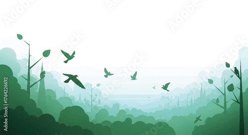 Serene natural forest landscape with birds flying through misty trees and foliage