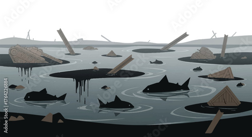 Environmental pollution Sharks swimming in polluted waters with oil slicks and debris