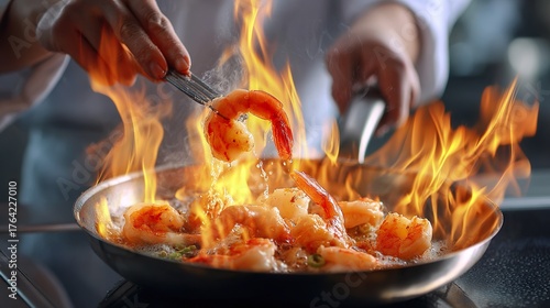 Wallpaper Mural Cooking shrimp in a pan with flames Torontodigital.ca