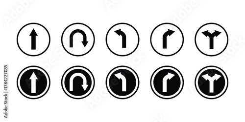 U turn arrow icon set. Direction icon set. Go straight, this way, one way only U turn, left and right arrow vector illustration.