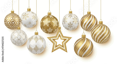 Elegant Gold and White Christmas Ornaments on White Background