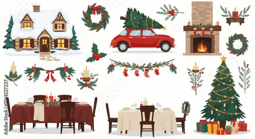 Festive Christmas Holiday Home, Car, Decorations, and Dinner Set Clipart