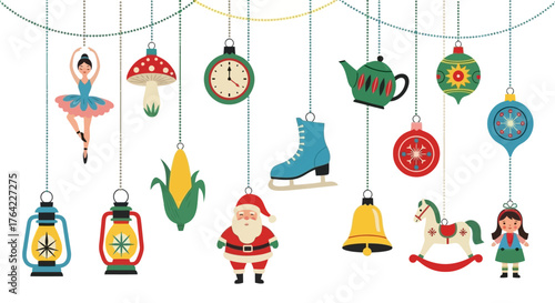 Festive Holiday Decorations with Santa, Ballerina, and Ornaments for Christmas Celebrations