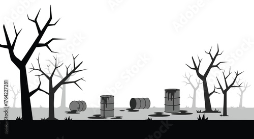Environmental pollution concept with hazardous waste barrels and dead trees in a desolate landscape