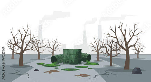 Pollution emanating from industrial pipes into a dried-up environment with bare trees and factory smoke in the background