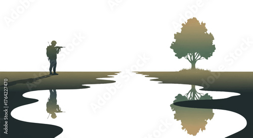 The Stand-off Soldier and nature in a polarized landscape, a stark silhouette