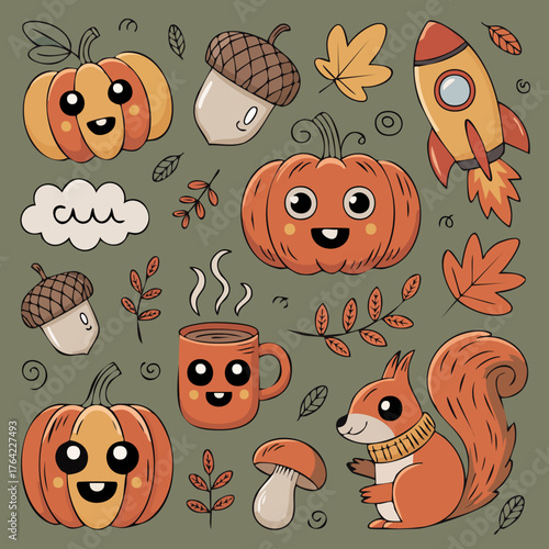 A collection of autumn-themed doodles. Happy-faced pumpkins, steaming mugs of cocoa, smiling acorns, little groups of mushrooms, a plump squirrel wearing a tiny scarf