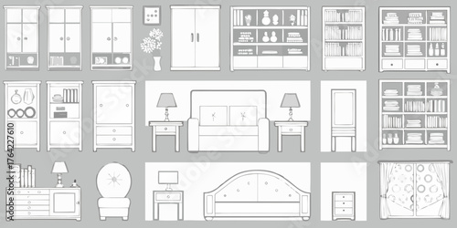 Collection of hand drawn furniture and home decor items in a clean line art style on a neutral background