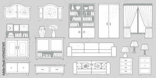 Collection of hand drawn furniture and home decor items for interior design and decoration