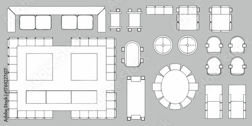 Top down view of various furniture arrangements and seating options for interior design planning