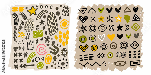 Collection of hand drawn abstract shapes and symbols in earthy tones and yellow accents
