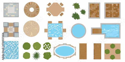 Top down view of outdoor elements including pools hot tubs tables plants and paving stones for landscape design