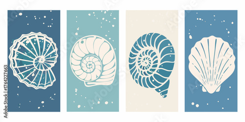 Set of four abstract minimalist vertical posters featuring stylized seashells and ammonites in blue and beige tones
