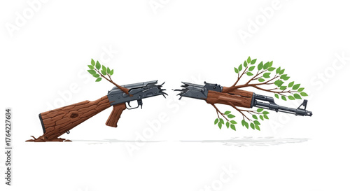 A powerful conceptual illustration of a broken rifle transforming into a thriving tree, symbolizing peace over war and new life