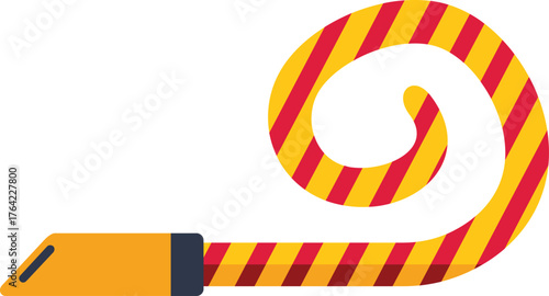 Yellow and red party blower unfurling to the right, ready to make a celebratory noise