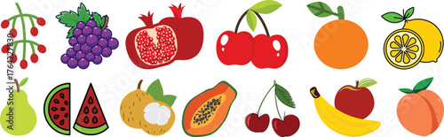 Food fruits glyph icon set. Vector pictograms of banana, strawberry, pineapple, watermelon, grapes, mango, blueberries, peach, cherry, lemon, avocado, pear, kiwi, black sign silhouette illustration. 