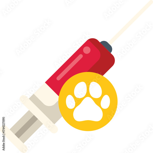 Veterinary syringe containing red liquid and showing a paw print, for animal treatment