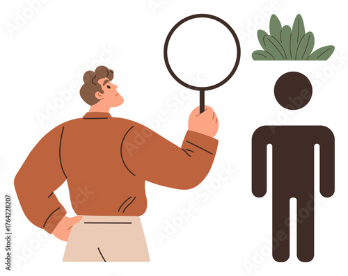 Man using magnifying glass to observe a silhouette of a human with plant growth from the head. Ideal for mental health, self-awareness, personal growth, introspection, psychology, mindfulness, simple