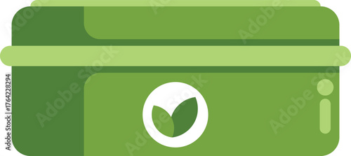 Green food container with leaf icon promoting a vegan and eco friendly lifestyle