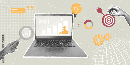 Return on investment (ROI) analysis. A trendy halftone collage. Concept of marketing research data analysis, business data analysis, profit and earnings concepts.